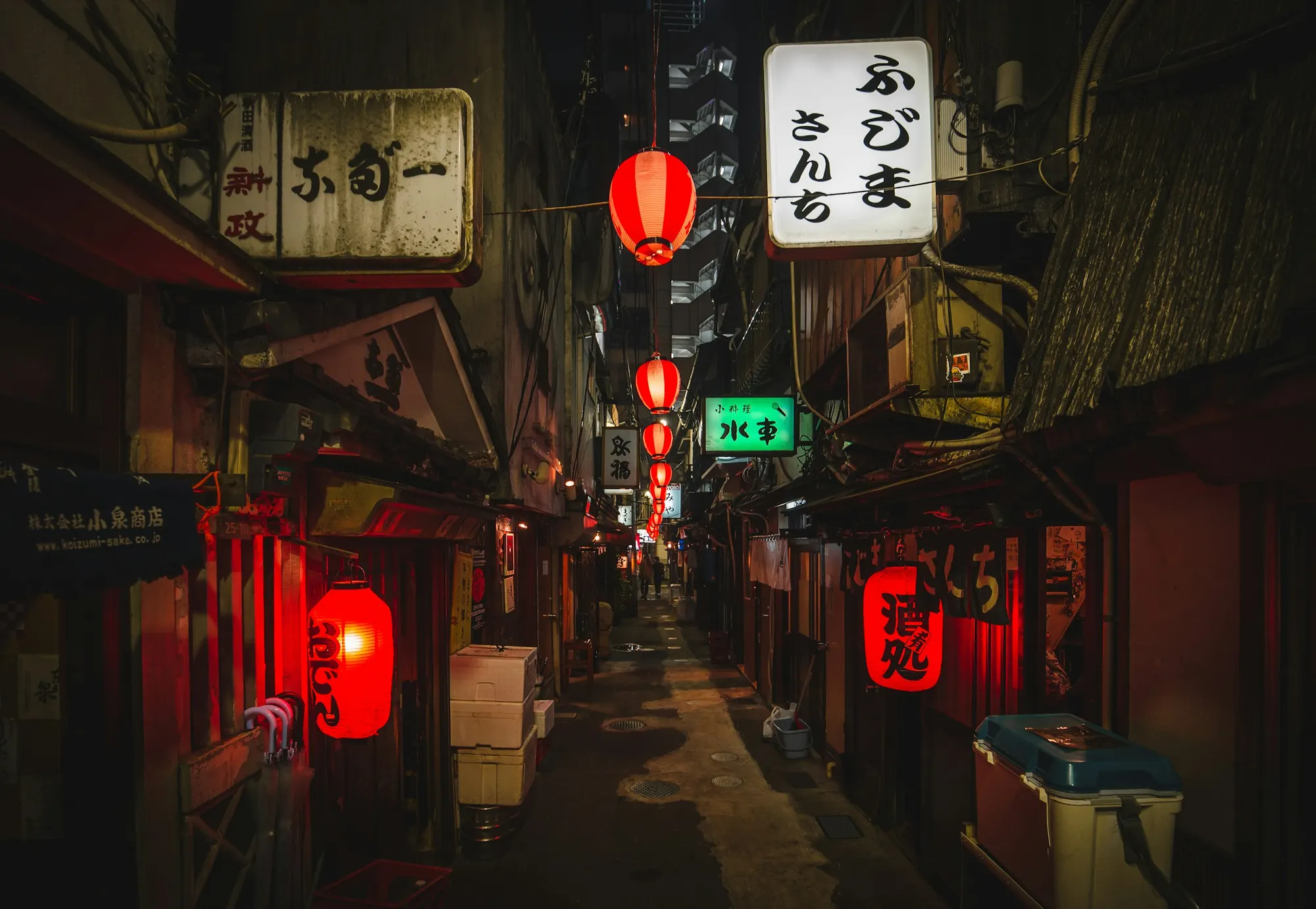 A narrow alley in Tokyo at night, red paper lanterns and lit signs above the bars
